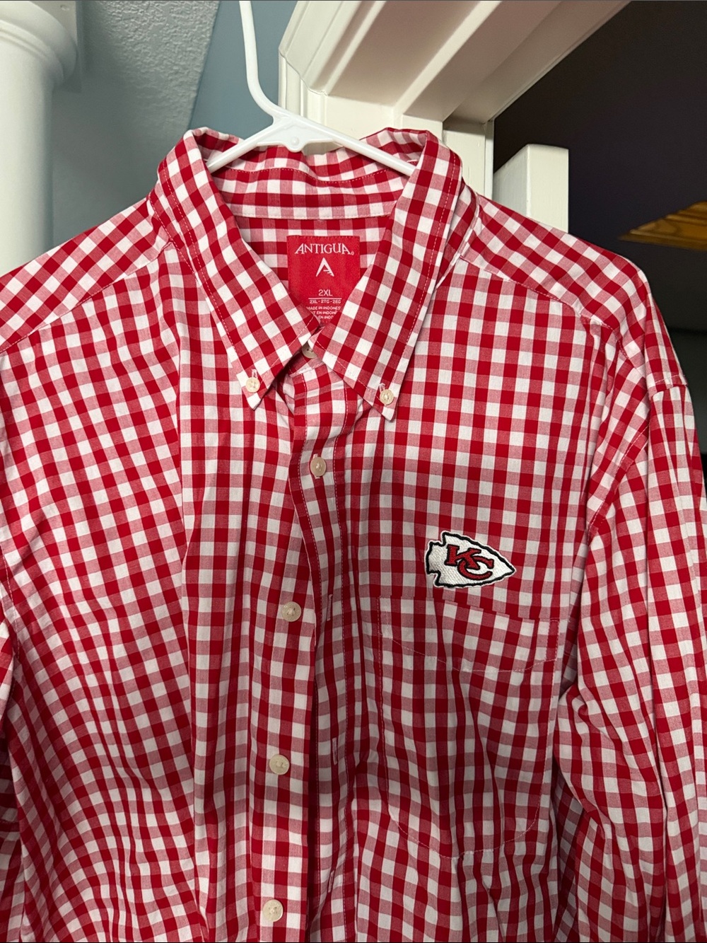 Antigua Red and White Gingham Button-Down Shirt with Team Patch